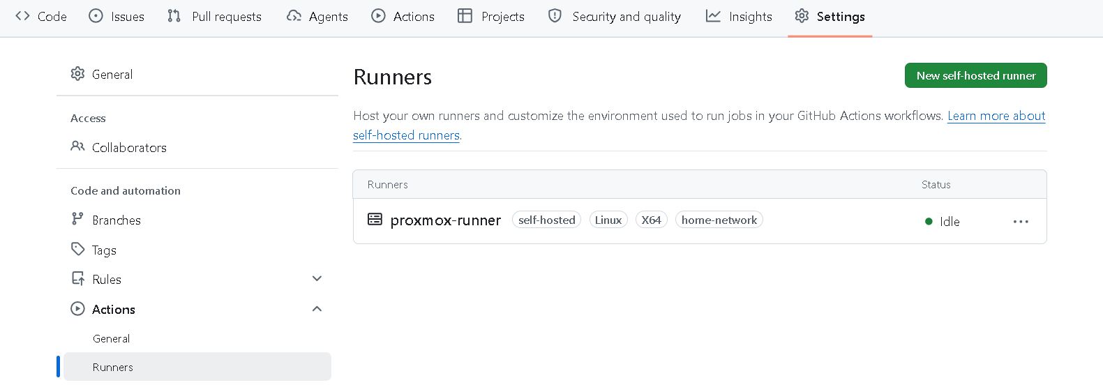 GitHub self-hosted runner registered with home-network label