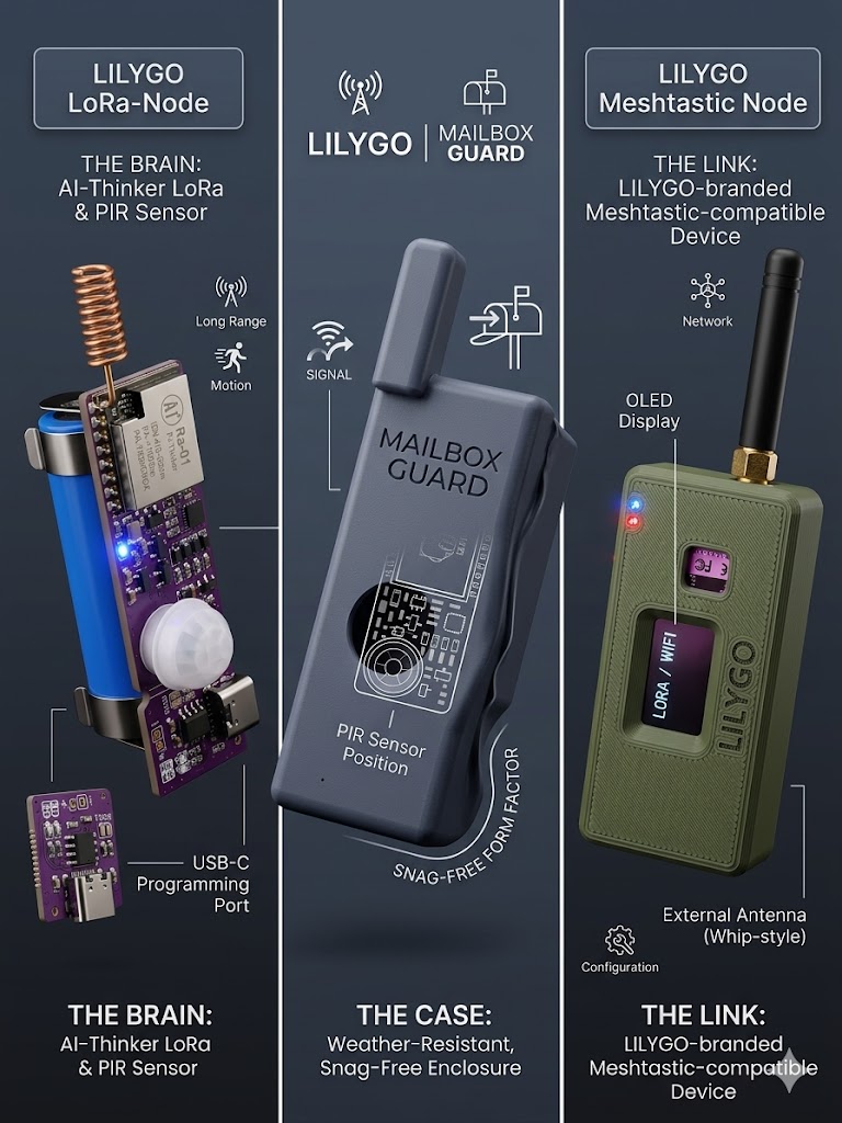 MailBoxGuard system diagram showing the sensor unit, LoRa node brain, and Meshtastic gateway options
